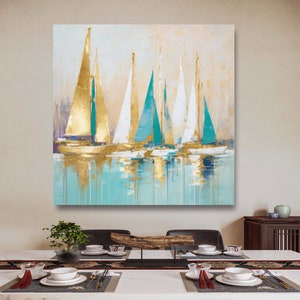 Gold sailing boat painting-Abstract Sailboats Painting on Canvas-Gift for Housewarming Golden Sailboats-original painting Nautical Art image 6