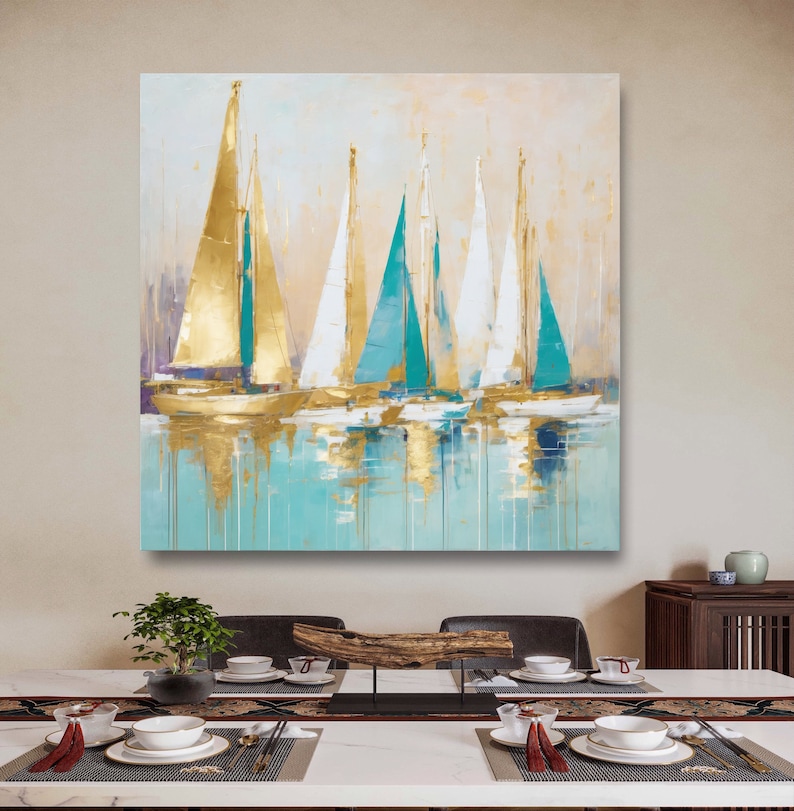 Gold sailing boat painting-Abstract Sailboats Painting on Canvas-Gift for Housewarming Golden Sailboats-original painting Nautical Art image 6