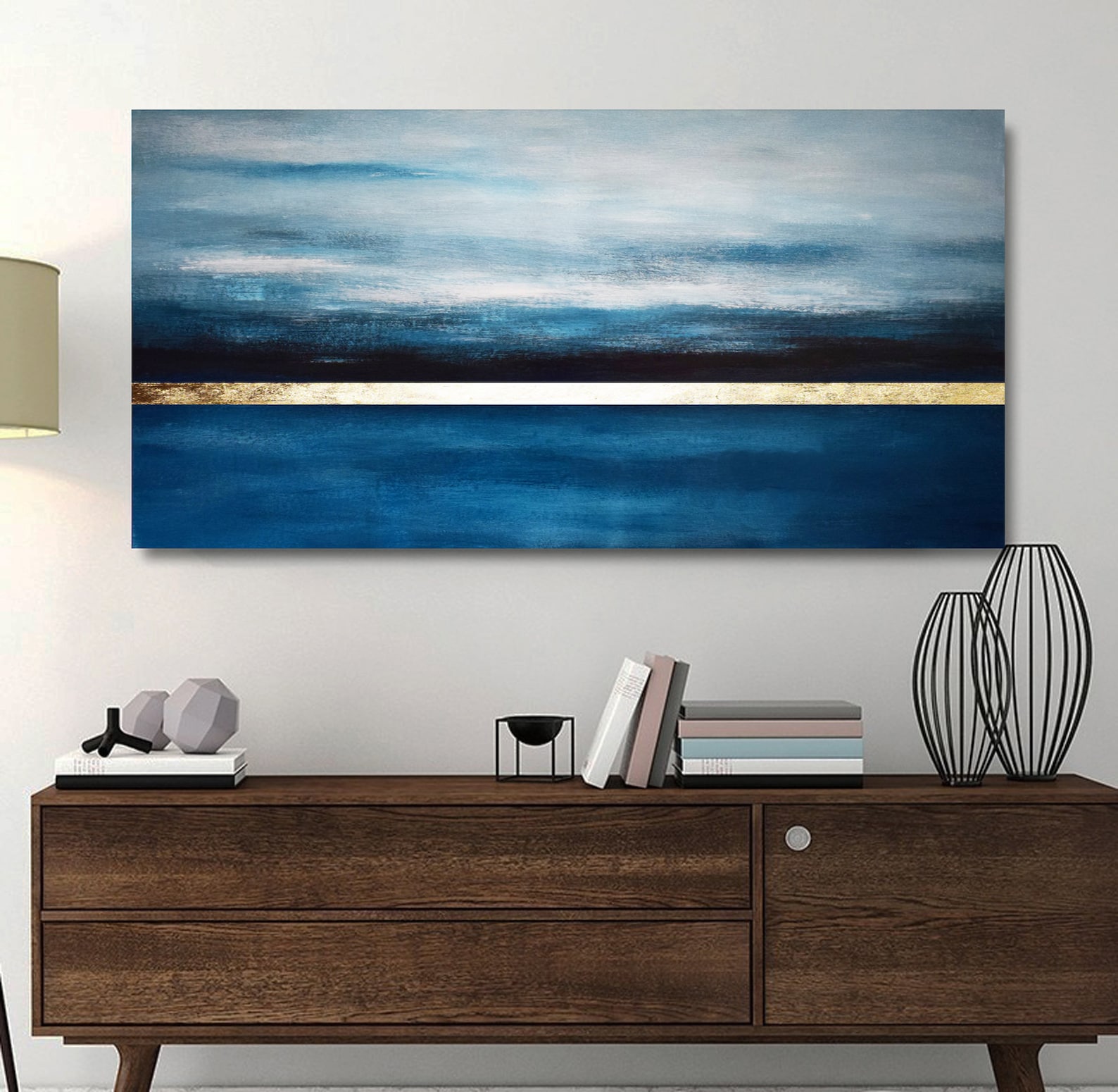 Landscape Abstract Painting-blue and Gold Abstract Painting-living Room ...
