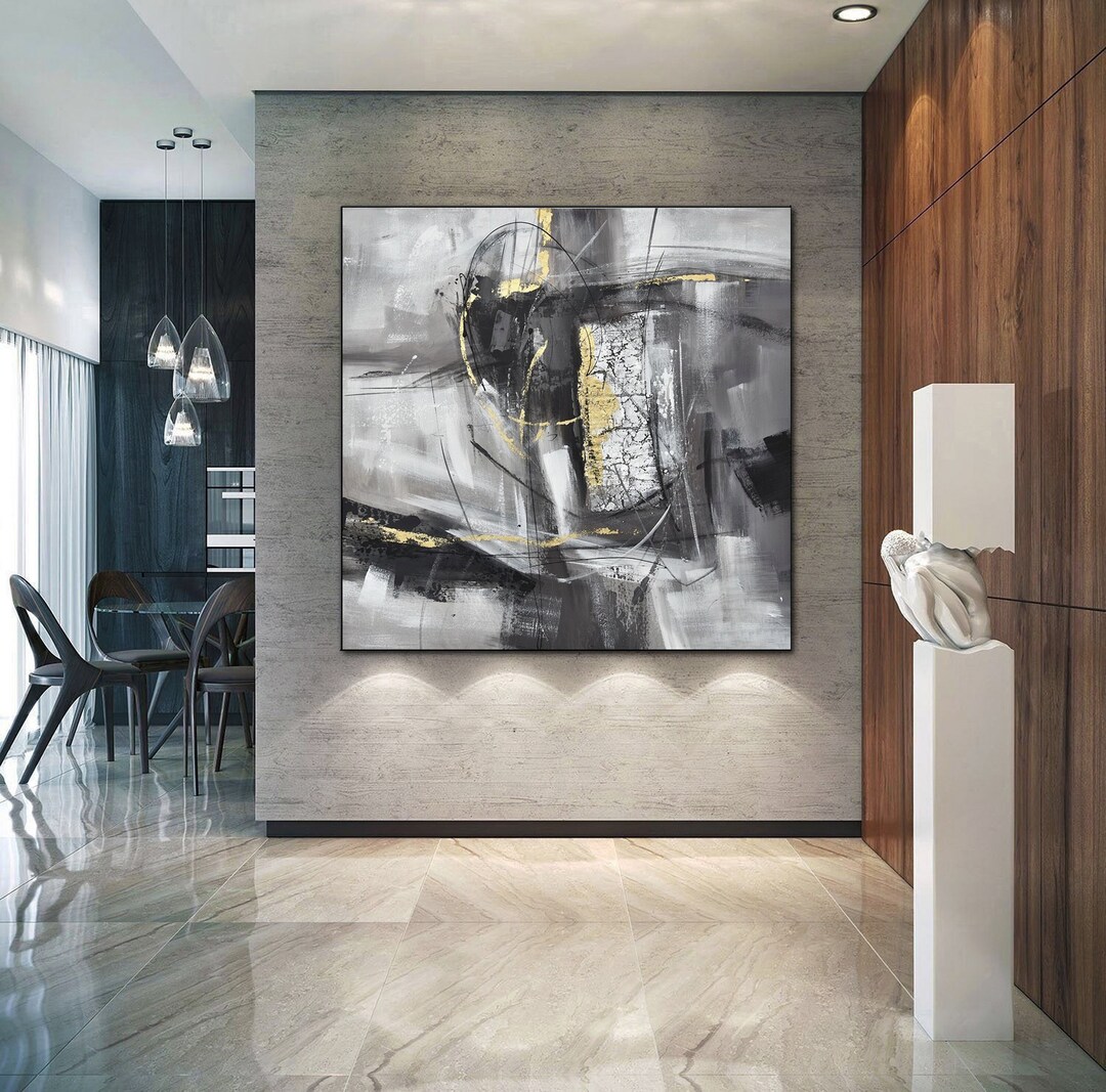 Large Gray Abstractgray and Gold Abstract Paintingcanvas Art Abstract