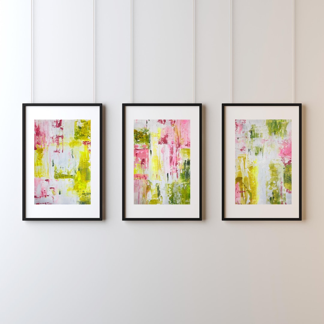 3 Piece Pink and Green Abstract Wall Art,green Living Room Art ...