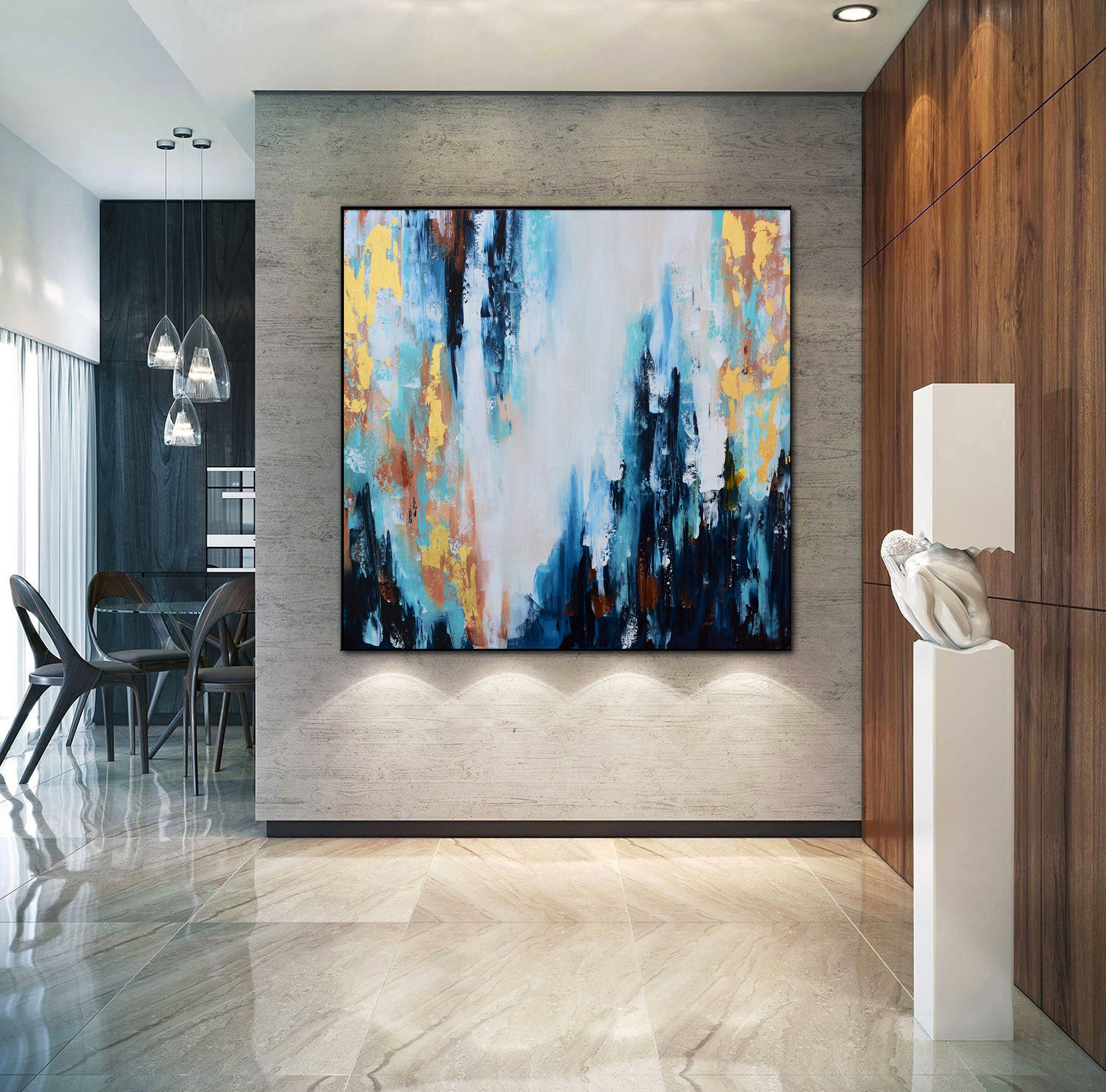 Blue and Gold Abstract Painting-living Room Painting-modern Abstract ...