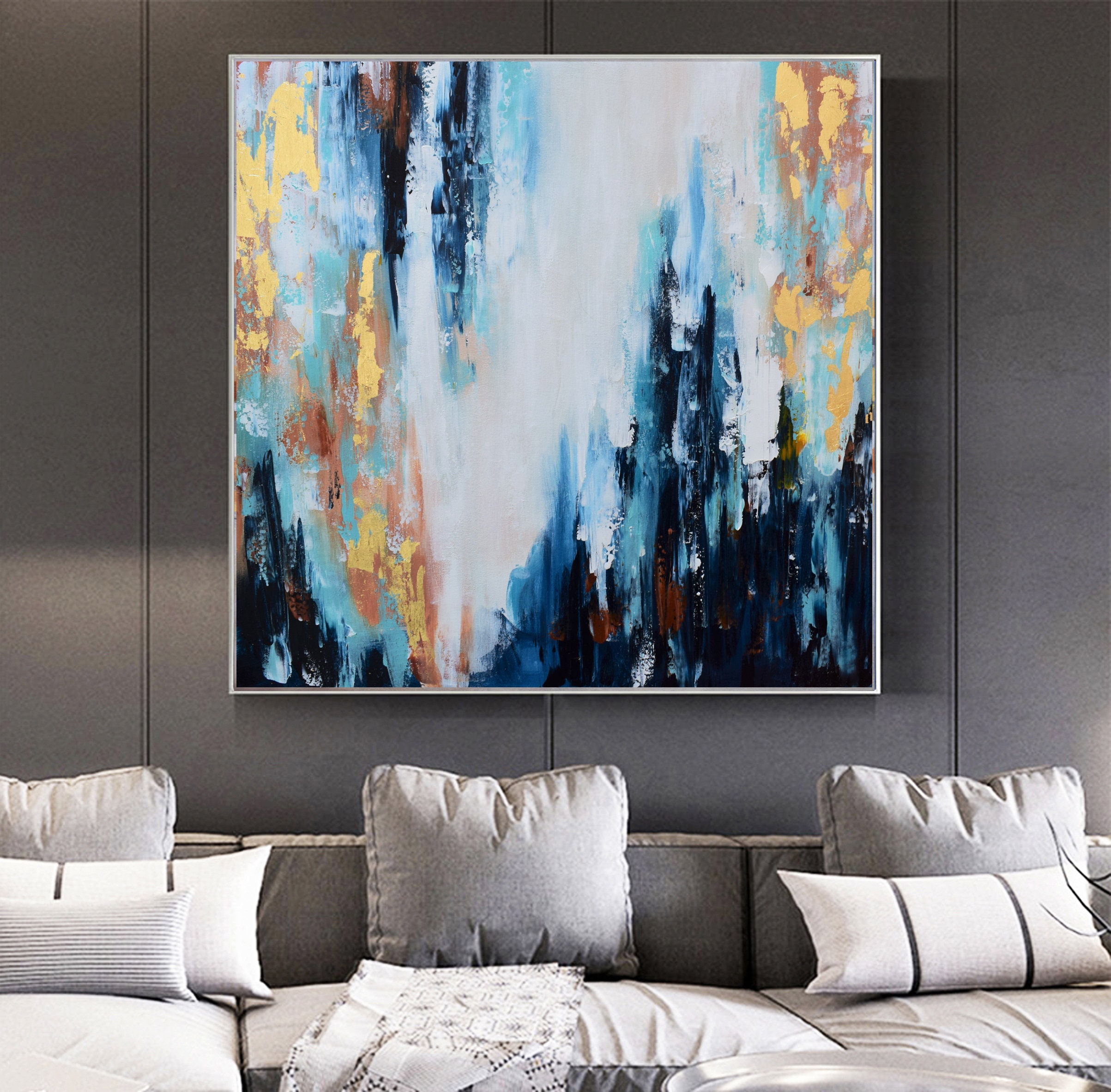 Blue and Gold Abstract Painting-living Room Painting-modern Abstract ...