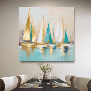 Gold sailing boat painting-Abstract Sailboats Painting on Canvas-Gift for Housewarming Golden Sailboats-original painting Nautical Art image 7