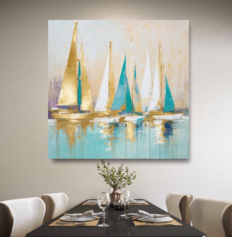 Gold sailing boat painting-Abstract Sailboats Painting on Canvas-Gift for Housewarming Golden Sailboats-original painting Nautical Art image 7