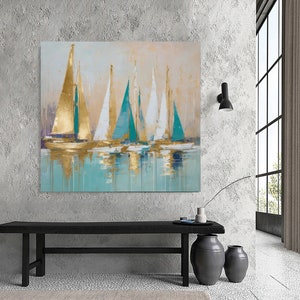 Gold sailing boat painting-Abstract Sailboats Painting on Canvas-Gift for Housewarming Golden Sailboats-original painting Nautical Art image 3