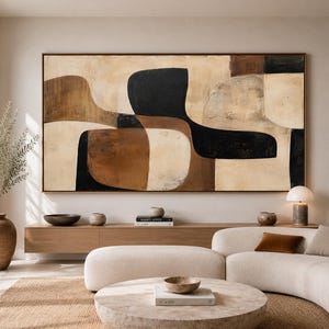 Grote neutrale abstracte kunst aan de muur, oversized minimalistisch schilderij, beige zwart abstract, Japandi-decor, Wabi Sabi-kunst