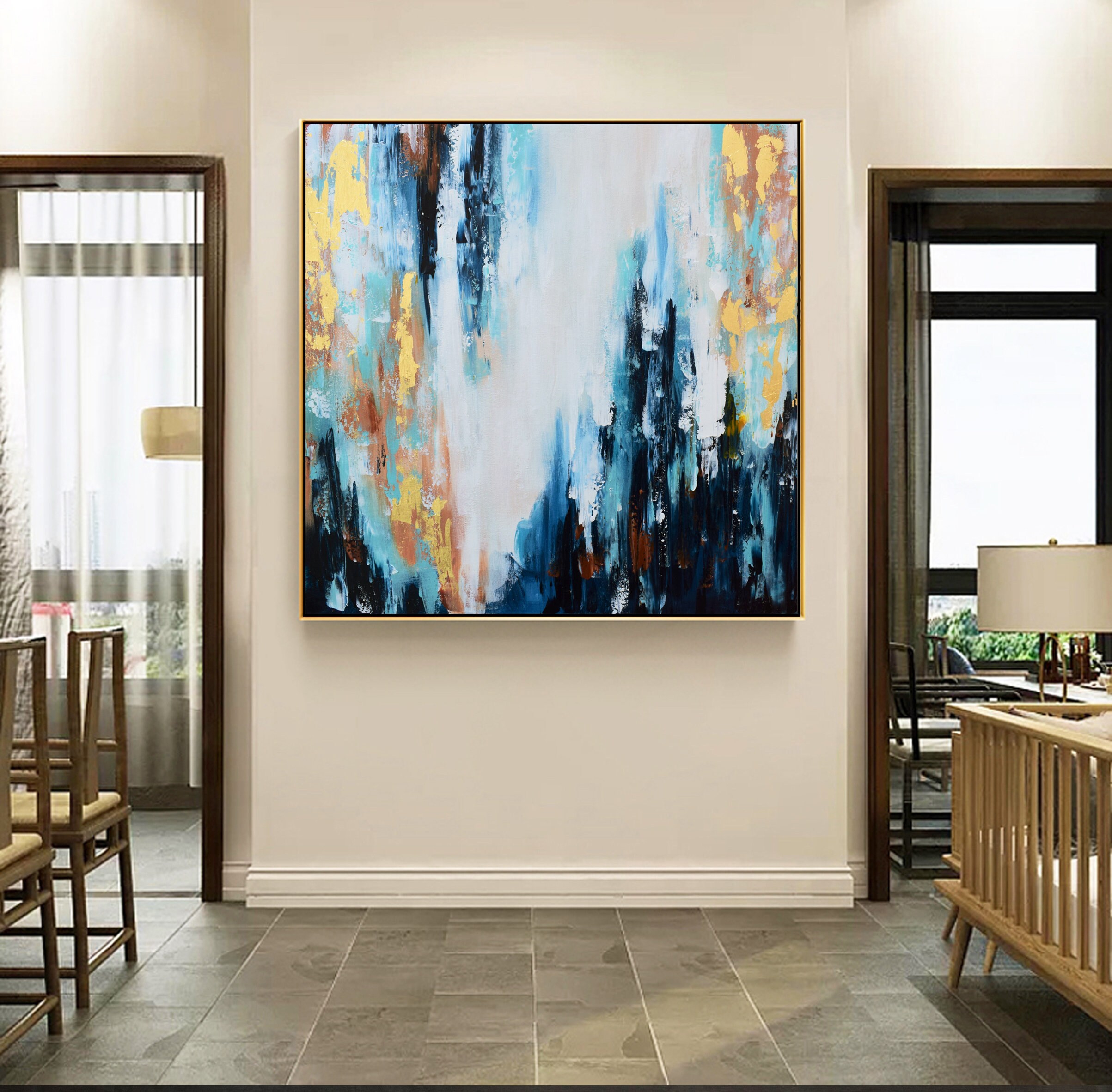 Blue and Gold Abstract Painting-living Room Painting-modern Abstract ...