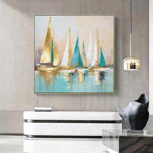 Gold sailing boat painting-Abstract Sailboats Painting on Canvas-Gift for Housewarming Golden Sailboats-original painting Nautical Art image 1