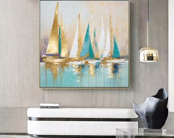 Gold sailing boat painting-Abstract Sailboats Painting on Canvas-Gift for Housewarming -Golden Sailboats-original painting- Nautical Art