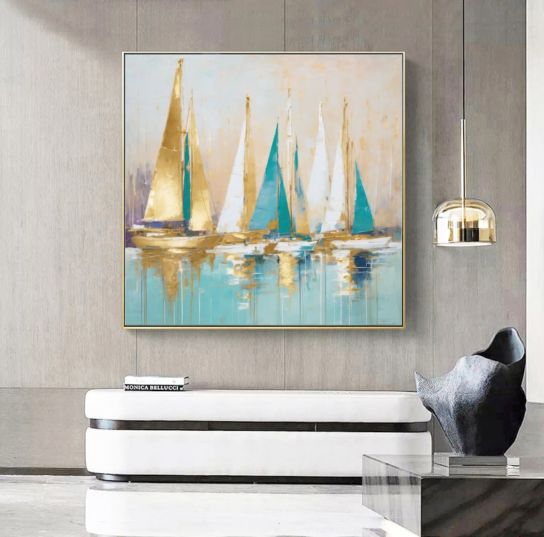 Gold sailing boat painting-Abstract Sailboats Painting on Canvas-Gift for Housewarming Golden Sailboats-original painting Nautical Art image 1