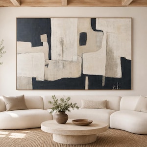 Large Neutral Abstract Painting, Black Beige Wall Art, Organic Modern Canvas, Oversized Minimalist Decor