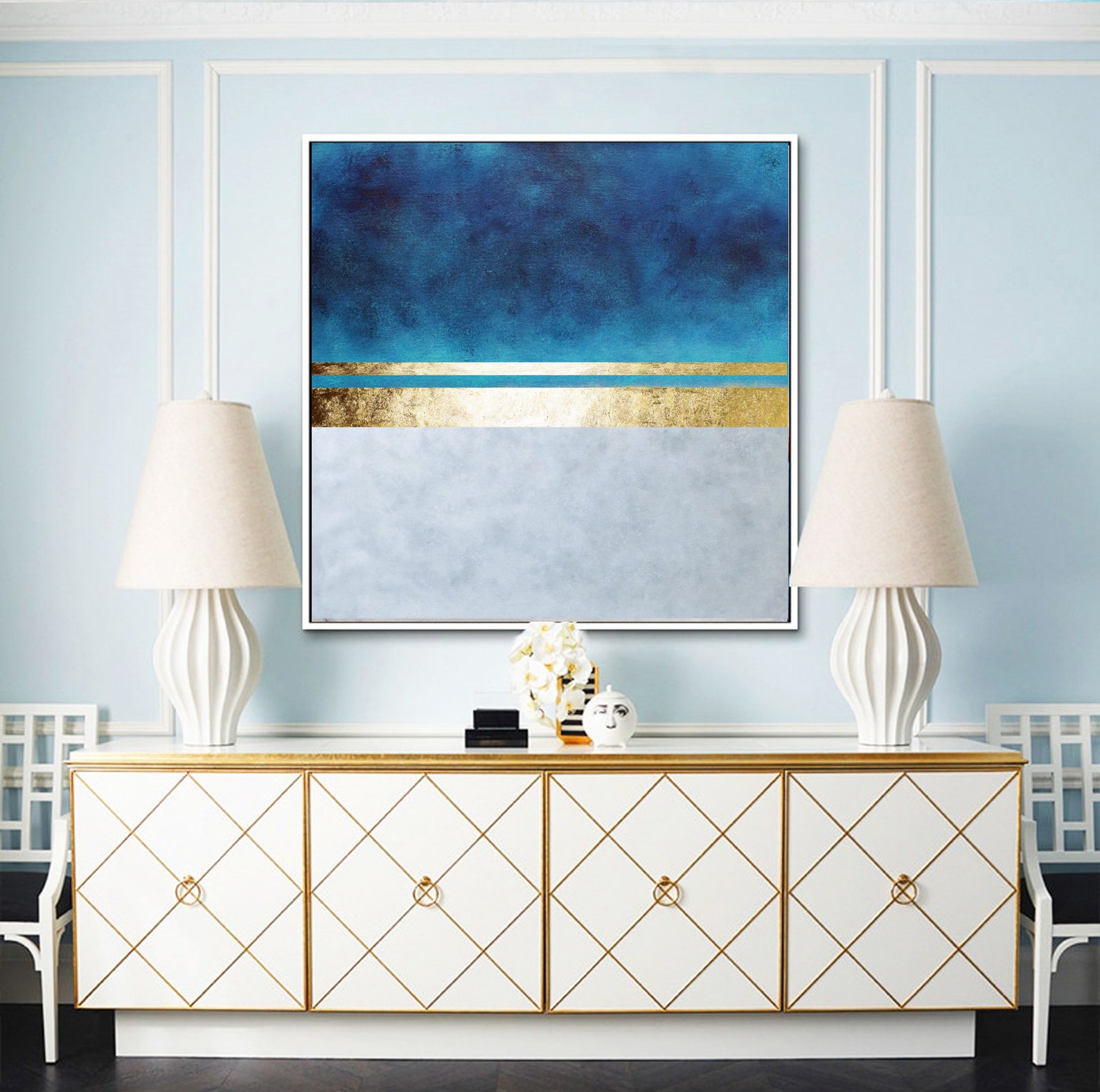 Blue and Gold Abstract Painting-white and Gold Wall Art-original ...
