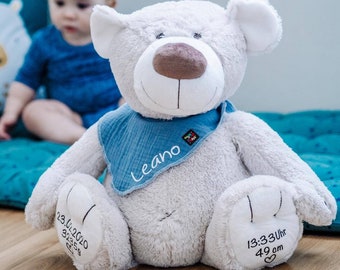 Geburtskissen mit Gewicht und Echtmaßen | Geburtsgeschenk | Taufgeschenk | Geburtskissen mit Größe und Gewicht | Teddy mit Name creme