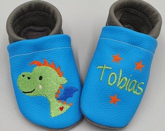 Krabbelschuhe mit Namen | Lederpuschen mit Name und Dino  | Geburtsgeschenk | Geschenk zur Taufe | Geschenk zur Geburt | Baby