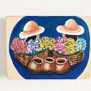 Peruvian Acrylic Painting - Ladies with hats and flowers