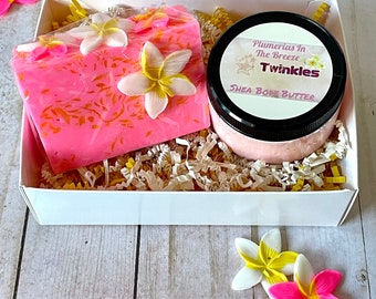 Plumerias In The Breeze Gift Box, Bath Gift Set, Soap and Body Butter, Mothers Day Gift, Spring Scent