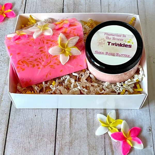 Plumerias In The Breeze Gift Box, Bath Gift Set, Soap and Body Butter, Mothers Day Gift, Spring Scent