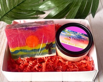 Sunset Over Belize Gift Box, Bath and Body Gift Set, Soap and Body Butter Gift, Summer Bath Gift