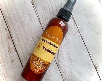 Oak and Vanilla Whiskey Fragrance Spray: Rich oak, amber, leather, patchouli, vanilla whiskey scent, 4 oz Body spray for him or her
