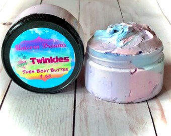 May include: A 4 oz jar of shea body butter labeled "Unicorn Dreams Twinkles Shea Body Butter". The butter is a swirl of pink, blue, and purple.
