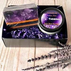 Lavender and Amber Noir Gift Box, Bath and Body Gift, Soap and Body Butter Gift, Mothers Day Gift, Bath Gift Set