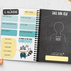 Op de afbeelding: Een zwart-wit schoolschrift met een gele en blauwe omslag. De omslag heeft de tekst "1. Klasse" en "Das bin ich!" Het schrift heeft een spiraalbinding en een wasbeerillustratie.