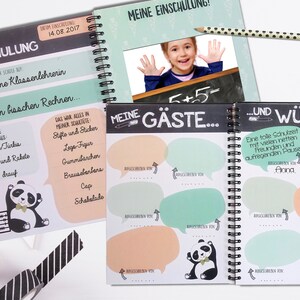 Op de afbeelding: Een zwart-witte pandabeerillustratie op een lichtblauwe en perzikkleurige achtergrond. De tekst "Meine Einschulung" staat in zwart op een witte achtergrond. De tekst "Meine G&auml;ste" staat in zwart op een witte achtergrond. De tekst "Und W&uuml;nsche" staat in zwart op een witte achtergrond. De tekst "Zu meiner Einschulung" staat in zwart op een witte achtergrond. De tekst "Eine tolle Schulzeit mit vielen netten Freunden und aufregenden Pausen!" staat in zwart op een witte achtergrond. De tekst "Anna" staat in zwart op een witte achtergrond.