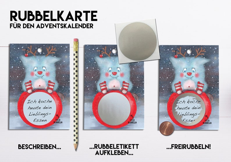 RUBBELGUTSCHEINE Little Monster für den Adventskalender, Karten inkl. Rubbelsticker in Silber Bild 2