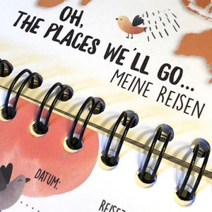 Puede incluir: Un cuaderno blanco de espiral con el texto "Oh, the places we'll go... Meine Reisen" y una peque&ntilde;a ilustraci&oacute;n de un p&aacute;jaro. El cuaderno tiene un fondo de acuarela rosa y naranja.