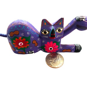 Oaxaca Wood Carving: Purple Floral Cat Alebrije, Mexican Folk Art