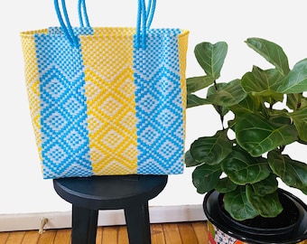 Handwoven Oaxacan Tote Bag: Blue & Yellow Plastic Beach Bag