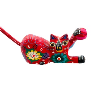 Oaxaca Wood Carving: Red Floral Cat Alebrije, Signed Folk Art