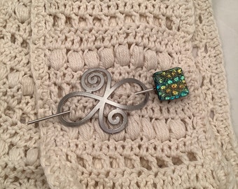 Shawl Pin, Hair Pin, Brooches, Silver Toned Figure Eight, Infinity, Fused Dichroic Glass Jewelry