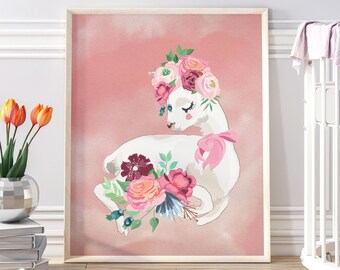 Llama Decor, Llama Nursery Print, Baby Girl Nursery, Llama Floral Wall Art, Printable Home Decor, Llama Baby Bedroom Decor, Nursery Art