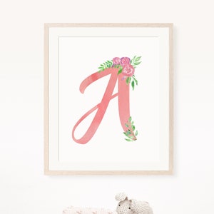 Letter A Print, Floral Initial Wall Decor, Watercolor Flower Nursery Sign, Baby Name Sign Initial, Floral Print, Initial Wall Art, Baby Gift