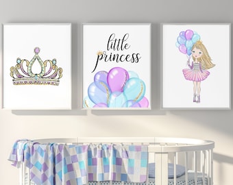 Princess Wall Art, Princess Wall Decor, Baby Girl Nursery Printable Art, Set of 3 Prints, Printable Nursery Decor, Baby Girl Gift, Digital