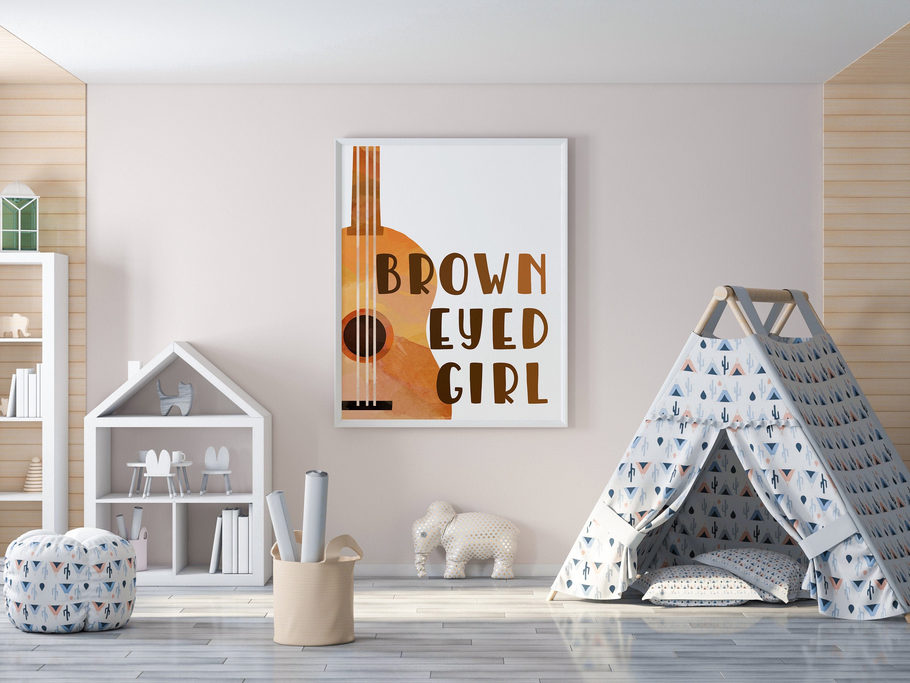 Brown Eyed Girl Print, Guitar Wall Art, Guitar Print, Neutral Bedroom Decor, Girls Room Decor, Girl Nursery Prints, College Dorm Decor