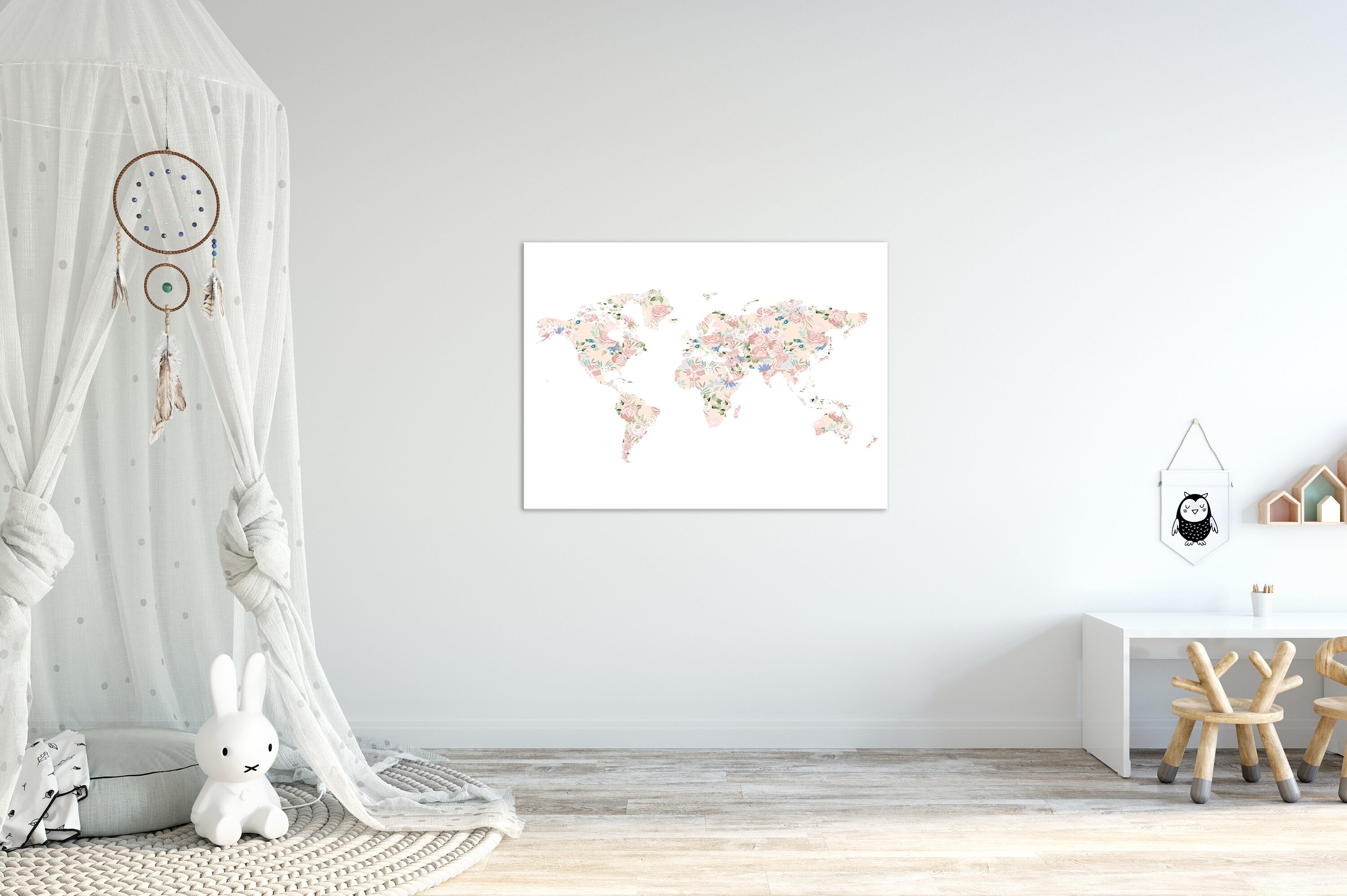 Floral World Map Girl Nursery Decor Travel Nursery Decor | Etsy