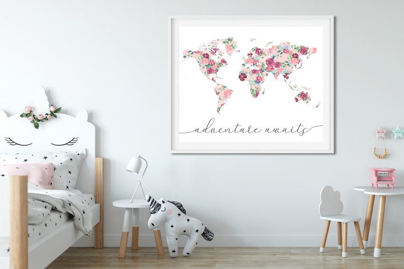 Floral World Map Adventure Awaits Nursery Decor Travel - Etsy