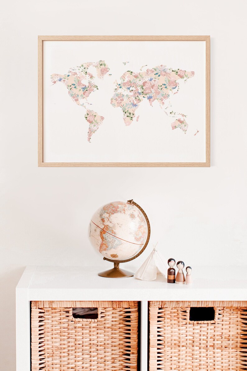 Floral World Map, Girl Nursery Decor, Travel Nursery Decor, Adventure ...