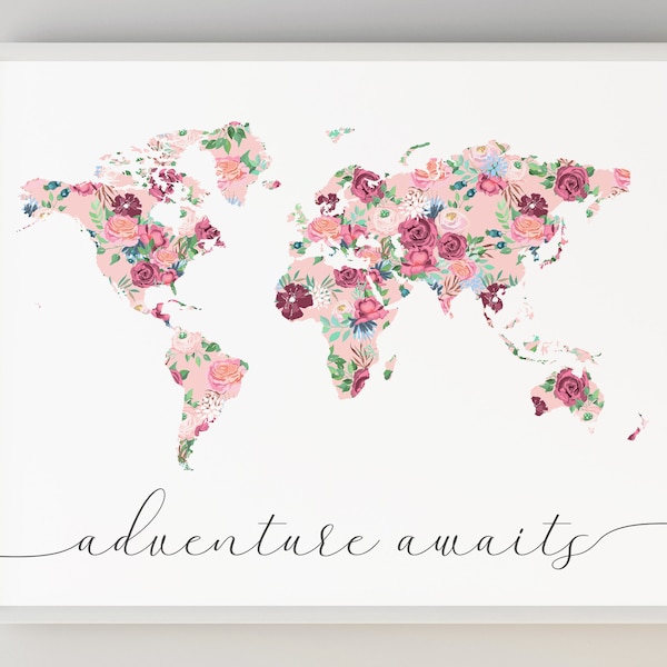 Floral World Map, Adventure Awaits Nursery Decor, Travel Nursery Print, Printable Pink World Map Poster, Baby Girl Nursery, Floral Nursery