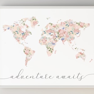 Floral World Map, Girl Nursery Decor, Adventure Awaits World Map, Travel Nursery Art, Champagne Blush, Neutral Nursery, Floral Nursery Print