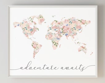 Floral World Map, Girl Nursery Decor, Adventure Awaits World Map, Travel Nursery Art, Champagne Blush, Neutral Nursery, Floral Nursery Print