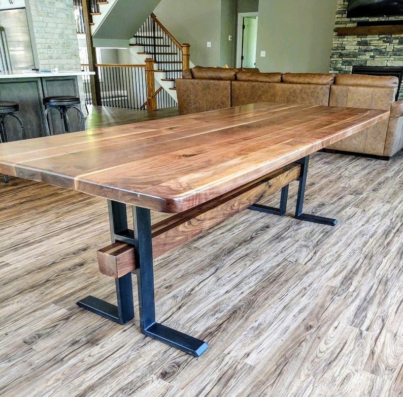 Rustic Walnut Farm Table w Industrial Trestle base with Beam Etsy