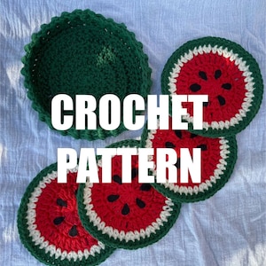 May include: Crochet pattern for watermelon coasters. The pattern includes a green outer ring, a white inner ring, a red centre with black seeds, and a green centre circle.