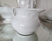 FRANCE Antique enchanting jug RELIEF white glazed Acanthus ceramic jug washing jug can old ceramic ancient brocante France