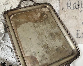 Vintage large, solid silver tray with handles, approx. 59 cm, metal, 1900, hallmarks GALW Norblin&Co, Arabic engraving, patina, approx. 2.6 kg