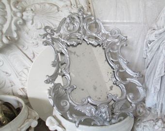 FRANCE Antique silver mirror PUTTE angel metal frame approx. 36 cm corridor mirror wall mirror unusual unusual vintage shabby brocante