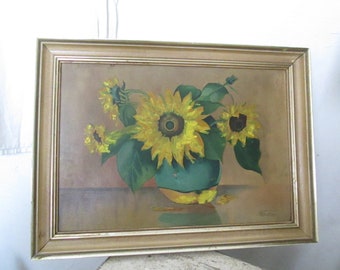 VINTAGE Old signed painting SUNFLOWERS approx. 49 x 36 cm antique painter E. Biller Brocante Shabby Chic wooden frame handmade picture flowers autumn
